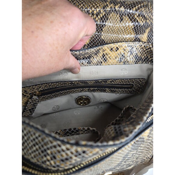 Tory Burch Snake‑Embossed Leather Hand Bag Detachable Shoulder Strap Goldtone Hw - Picture 16 of 16